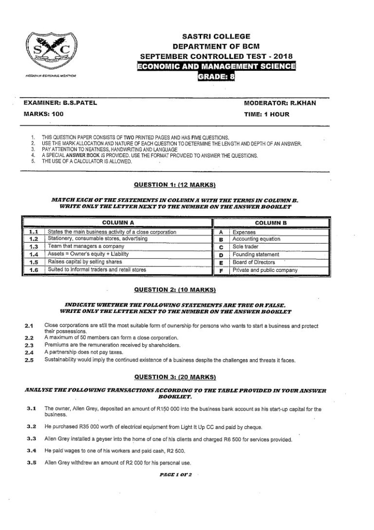 EMS Grade 8 Term 3 2018 Question Paper