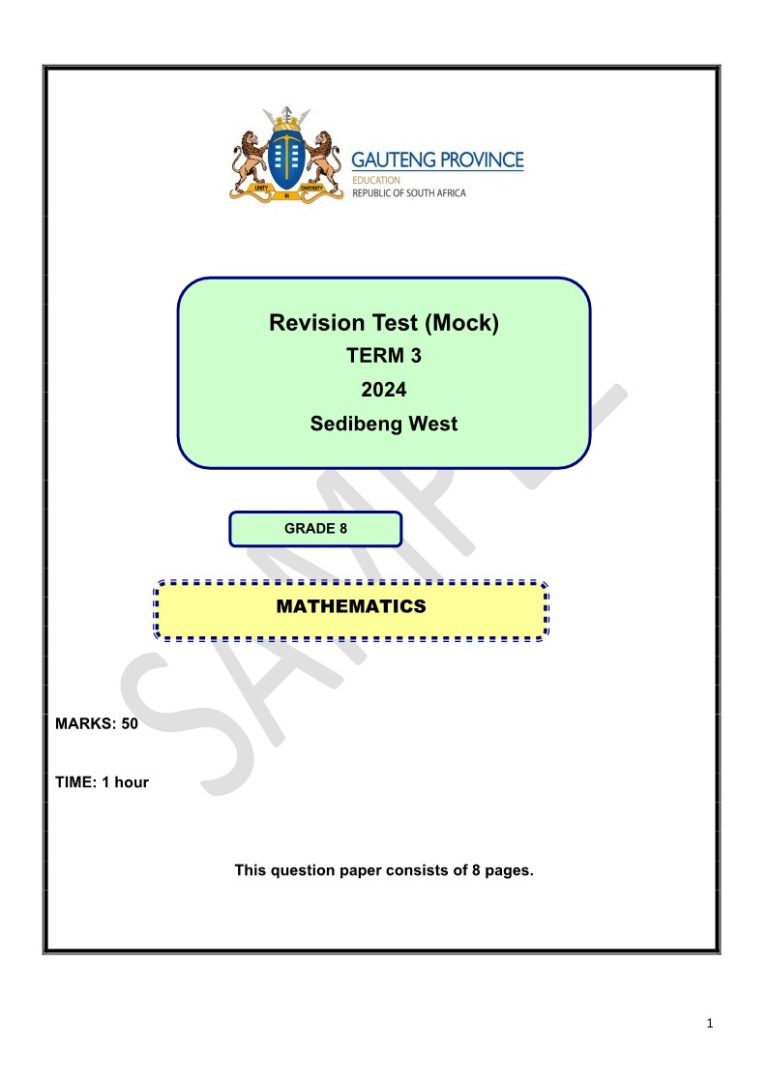 Maths Grade 8 Term 3 2023 Question Paper