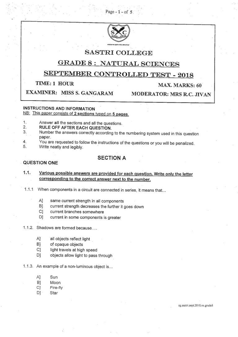 Natural Sciences Grade 8 Term 3 2018 Question Paper