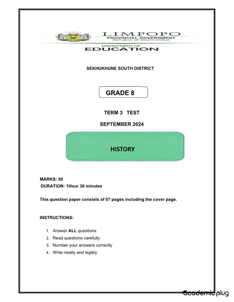 History Grade 8 Term 3 2024 Question Paper