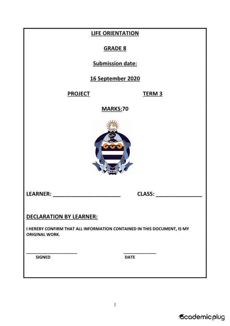 Life Orientation Grade 8 Term 3 2020 Project