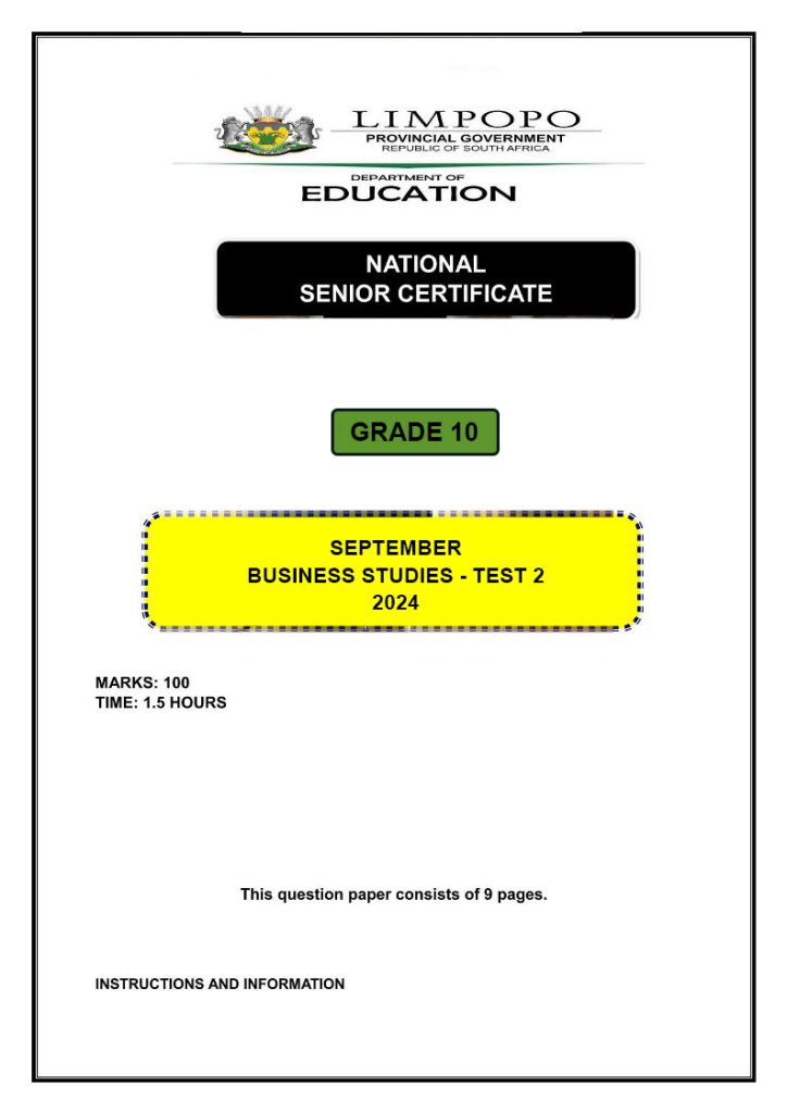 BusinessStudies Grade 10 Term 3 2024 Test 2 Question Paper