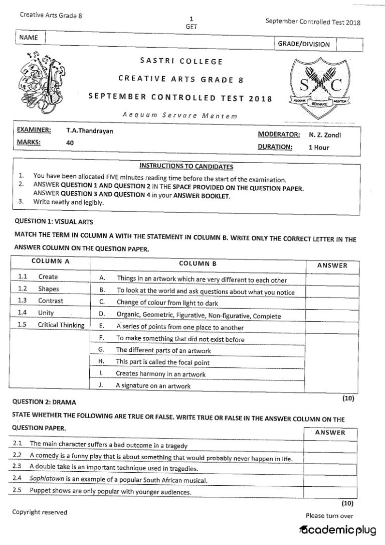 Creative Arts Grade 8 Term 3 2018 Question Paper