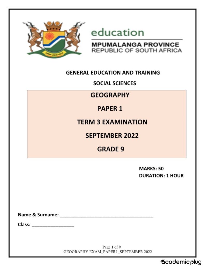 Geography Grade 9 Term 3 2022 Question Paper