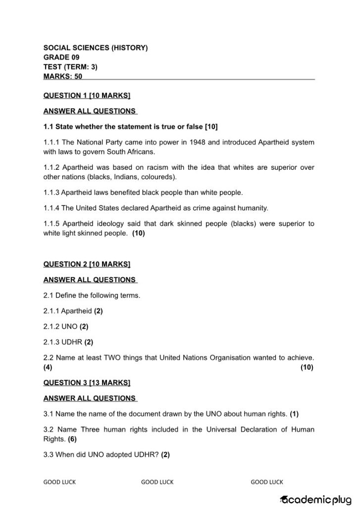 History(SS) Grade 9 Term 3 2023 Question Paper